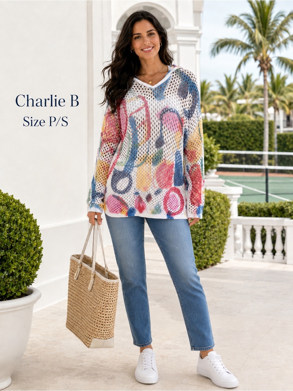 Charlie B P/S Multicolor Abstract Open Knit Hooded Sweater